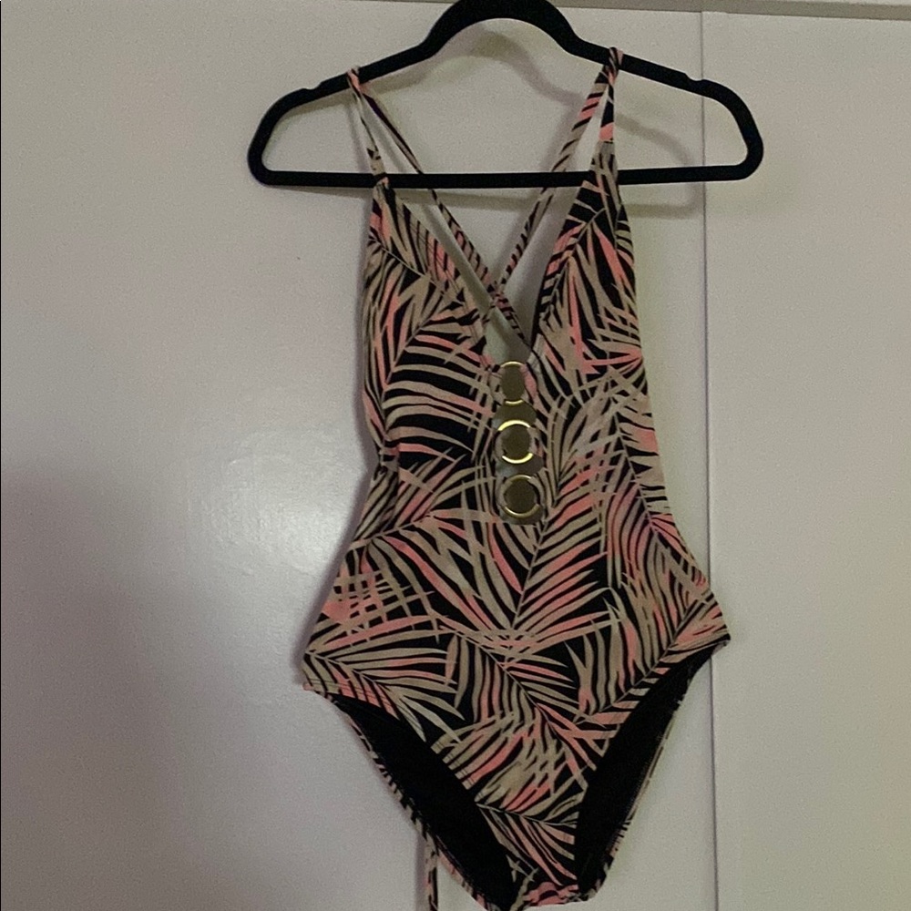 Shade & Shore Pink and Black One Piece Swimsuit with Plunging V-neckline